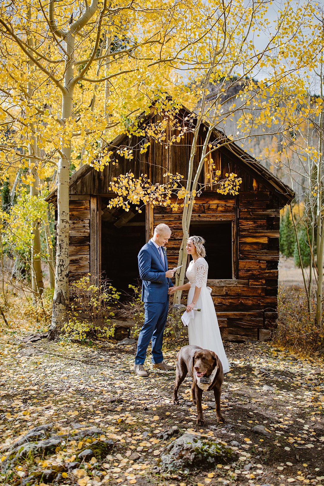 bride and groom reading vows in front of a mining cabin, dog wedding collar, breckenridge dog friendly wedding, mining cabin elopement, elope at a mining cabin, fall hiking elopement in breckenridge