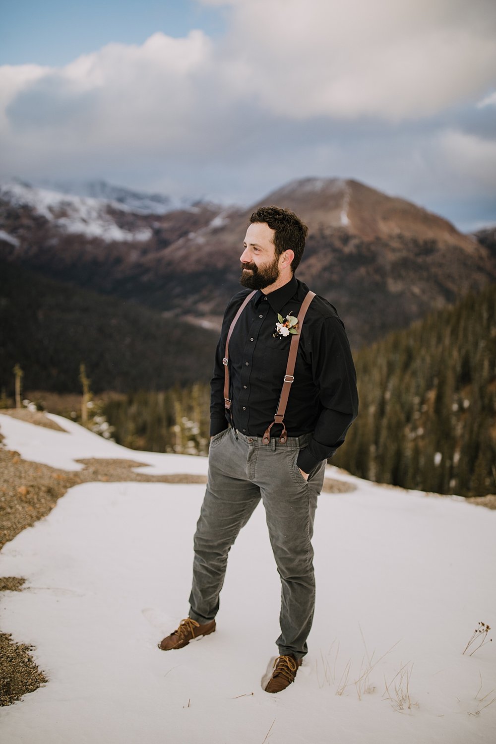 groom standing in front of mountains, taxidermy boutonniere, taxidermy wedding florals, taxidermy wedding, taxidermy elopement, fall boutonniere, autumn wedding palette, fall wedding florals