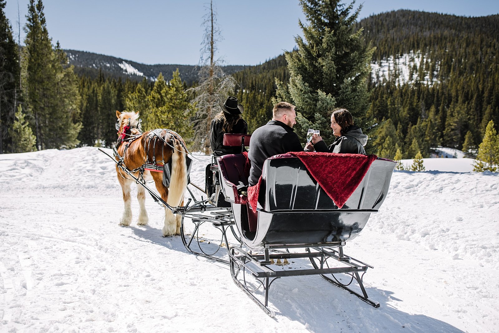 couple toasting champagne, couple riding in a horse drawn sleigh, breckenridge sleigh rides, white river national forest winter activities, golden horseshoe sleigh ride, frisco sleigh ride proposal