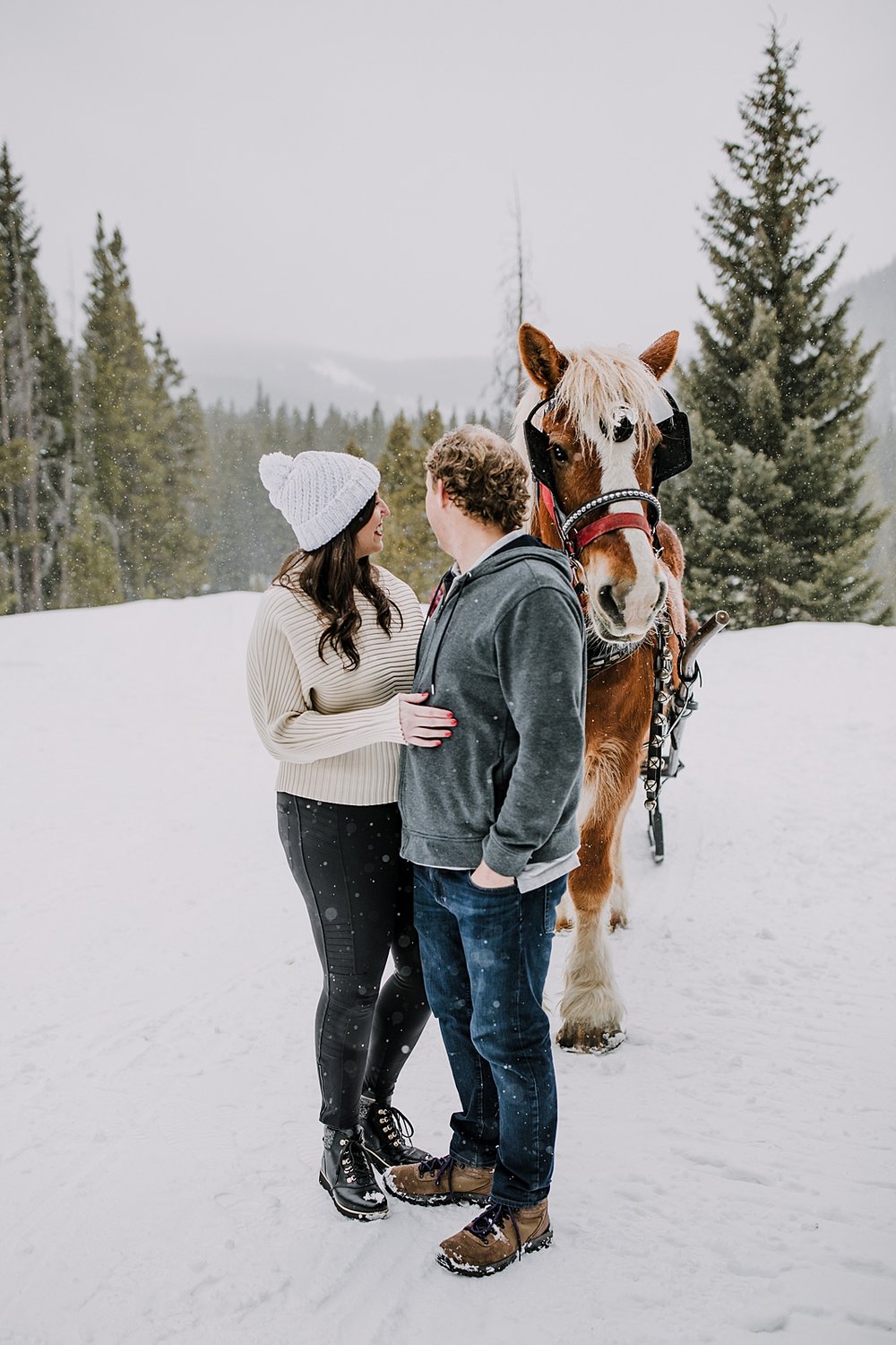 couple standing in front of horse, one horse open sleigh, colorado sleigh ride, breckenridge sleigh ride, summit county sleigh ride, percheron draft horse, colorado winter elopement photographer