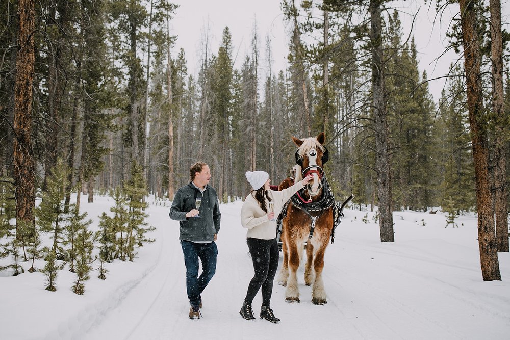 couple holding champagne and petting horse, mountain sleigh rides, breckenridge wedding photographer, summit county wedding photographer, colorado wedding photographer, snowy horse proposal
