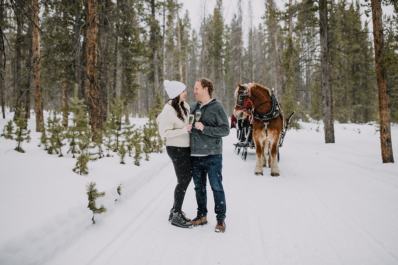 couple holding champagne and toasting in the snow, mountain sleigh rides, breckenridge wedding photographer, summit county wedding photographer, colorado wedding photographer, snowy horse proposal 