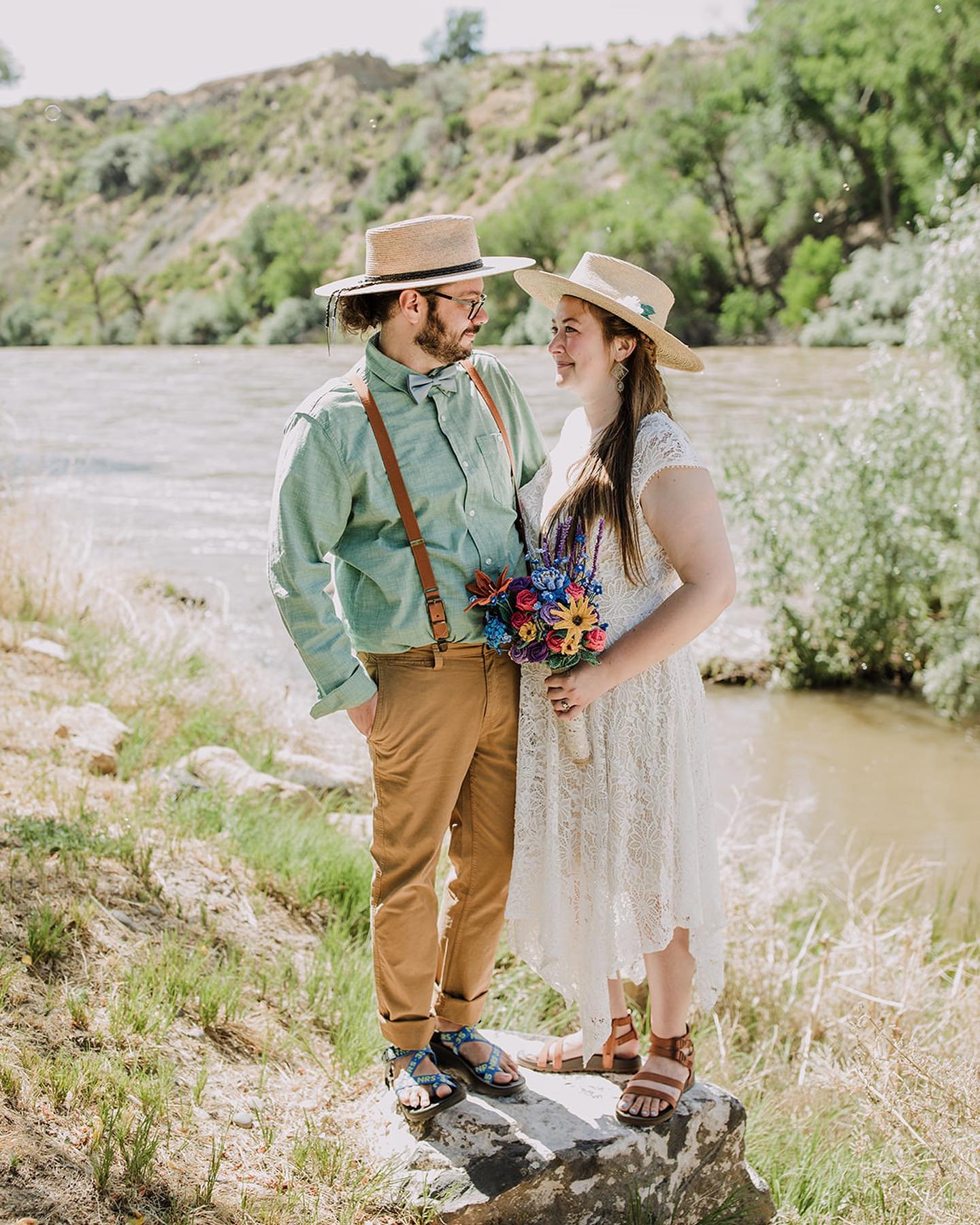 When two of your sweetest friends decide to elope at a bluegrass music festival, you buy tickets and enjoy a full day of music, dancing, and fun! This was such a unique day and if you look closely, you&rsquo;ll see that Julia crocheted her own bouque