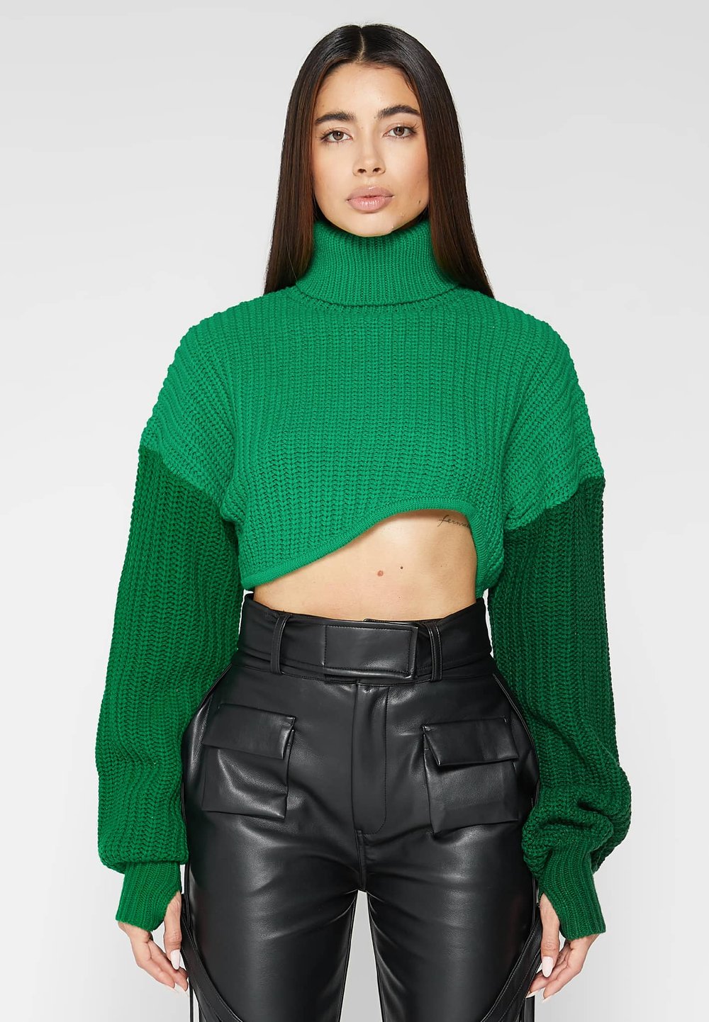 KNITTED ASYMMETRIC CROPPED JUMPER - GREEN