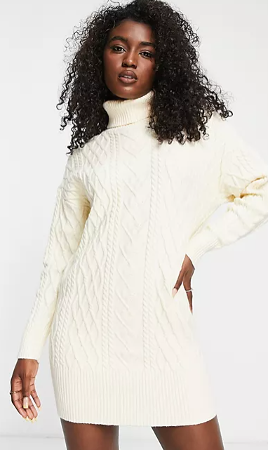 The Frolic cable knit roll neck mini sweater dress in cream