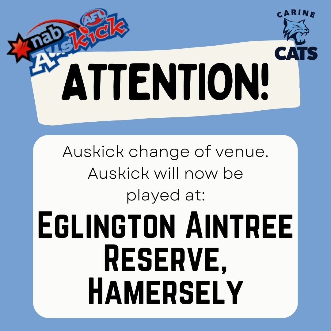 Due to recent announcements by the City of Stirling, we have been notified that the passive area at Monyash Oval is currently unfit for use. As a result, Carine Junior Football Club have made the decision to change our Auskick location to Eglington A