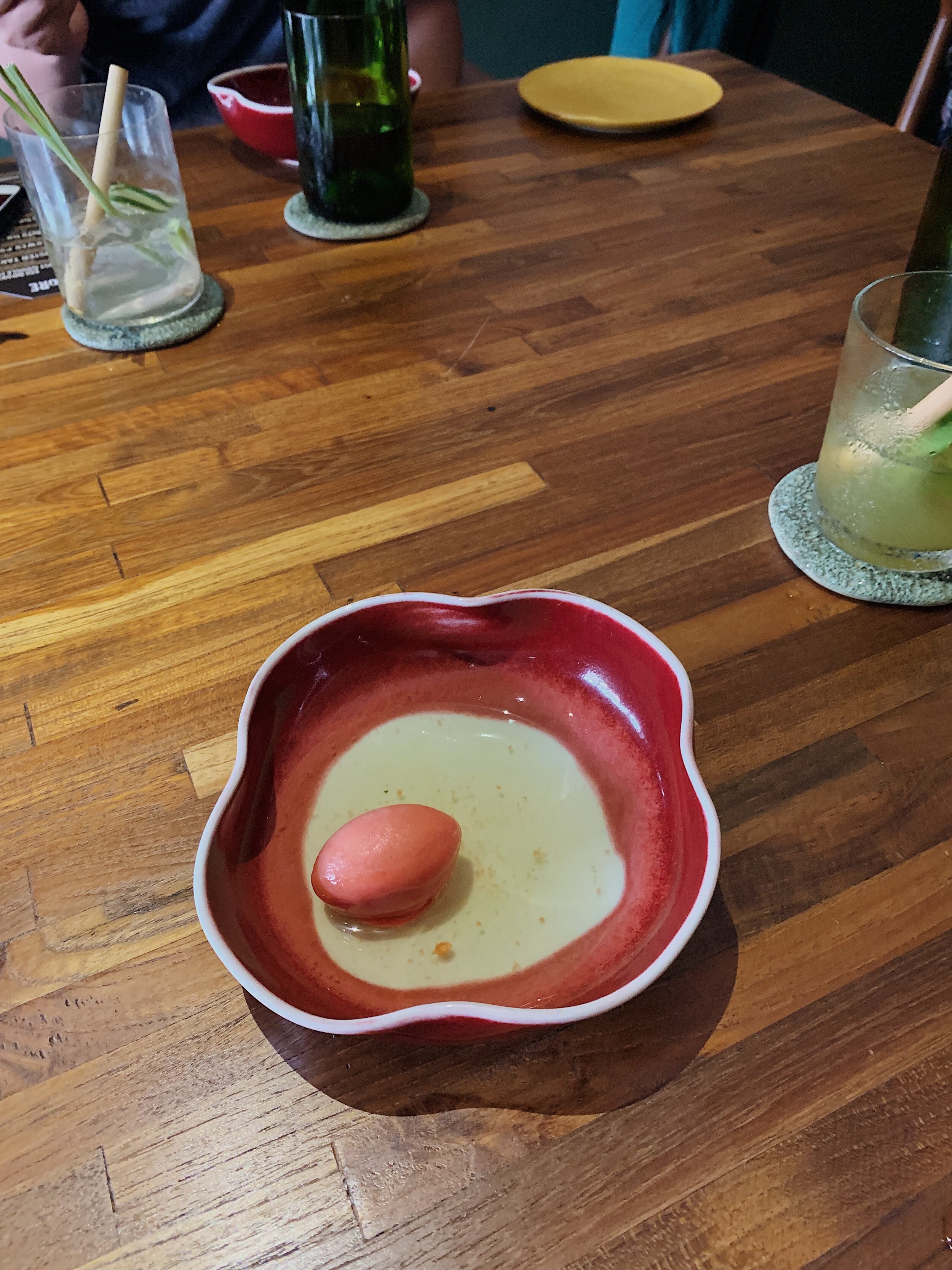  cold tomato sorbet in a hot tomato soup bath 