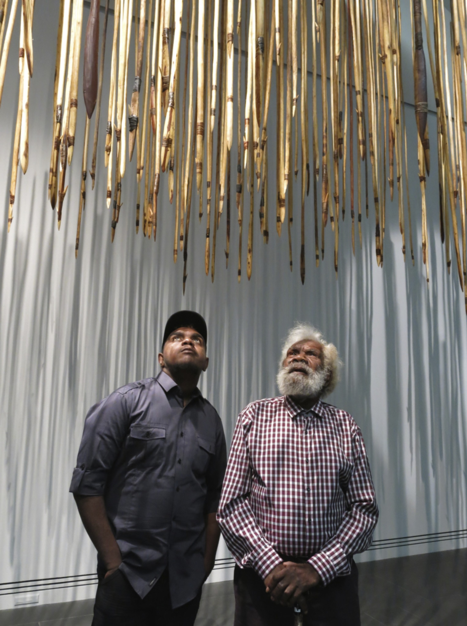 Mr Willy Kaika with his grandson Michael Bruno, Kulata Tjuta, Dark Heart, Adelaide Biennale 2014