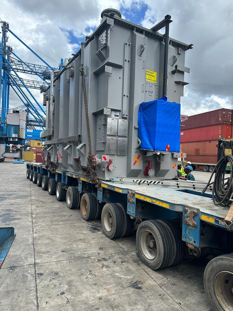 175MW Transformer Tank secured onto a multi axle trailer for transport to site