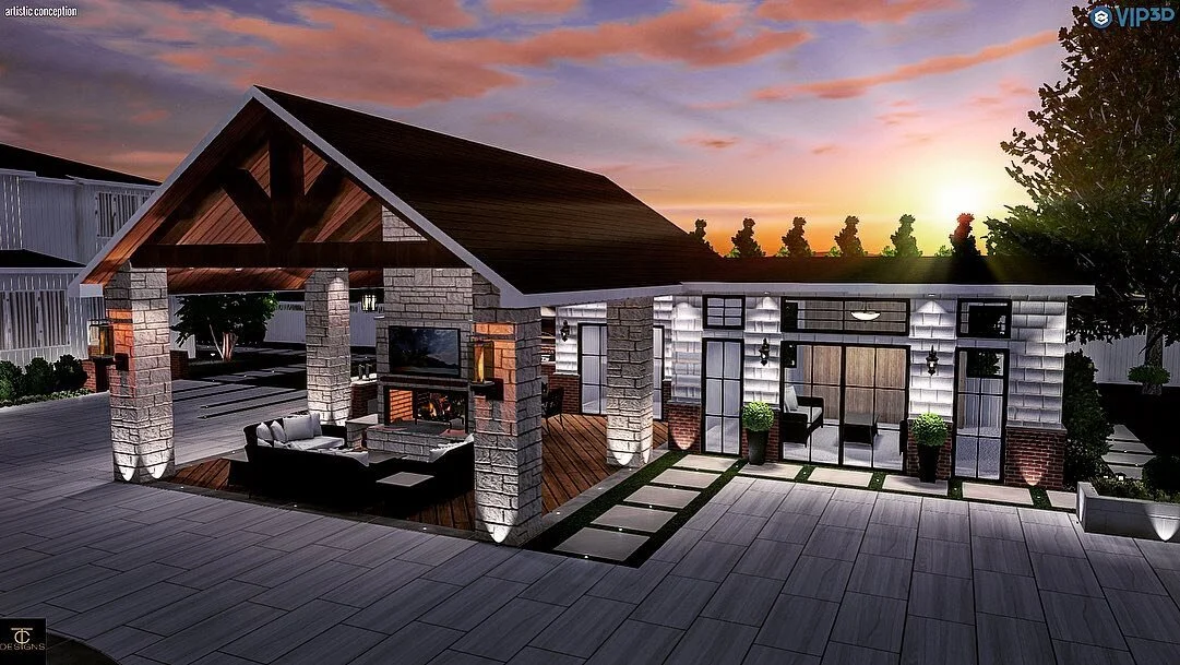 Sneak peak of this stunning backyard oasis ... This structure will include a double sided fire place, fully equipped kitchen with bar seating, bathroom/ changing room ... a hangout room that will have a Murphy bed witch will accommodate multiple gues