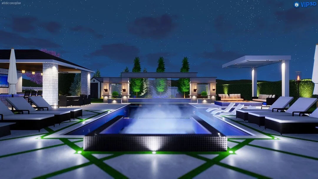 Stunning design located in Manalapan NJ.... This backyard with feature a custom gunite pool, natural stone patio with custom turf inlays .... A full outdoor bar and kitchen... beautiful accent lighting and a unique water feature will make this backya