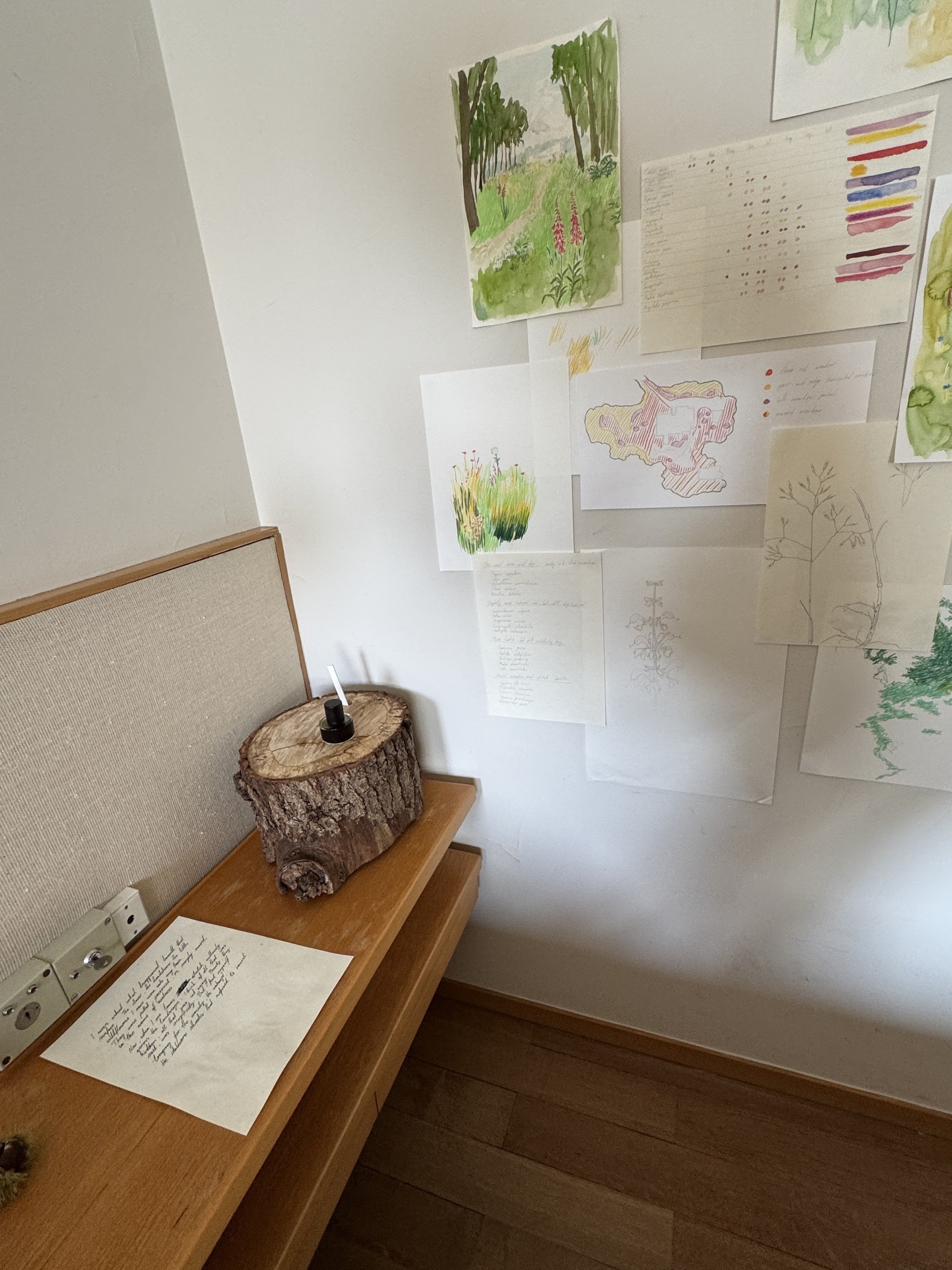 Corner of the room with drawings on the wall and a tree stump with a perfume bottle on a wooden shelf
