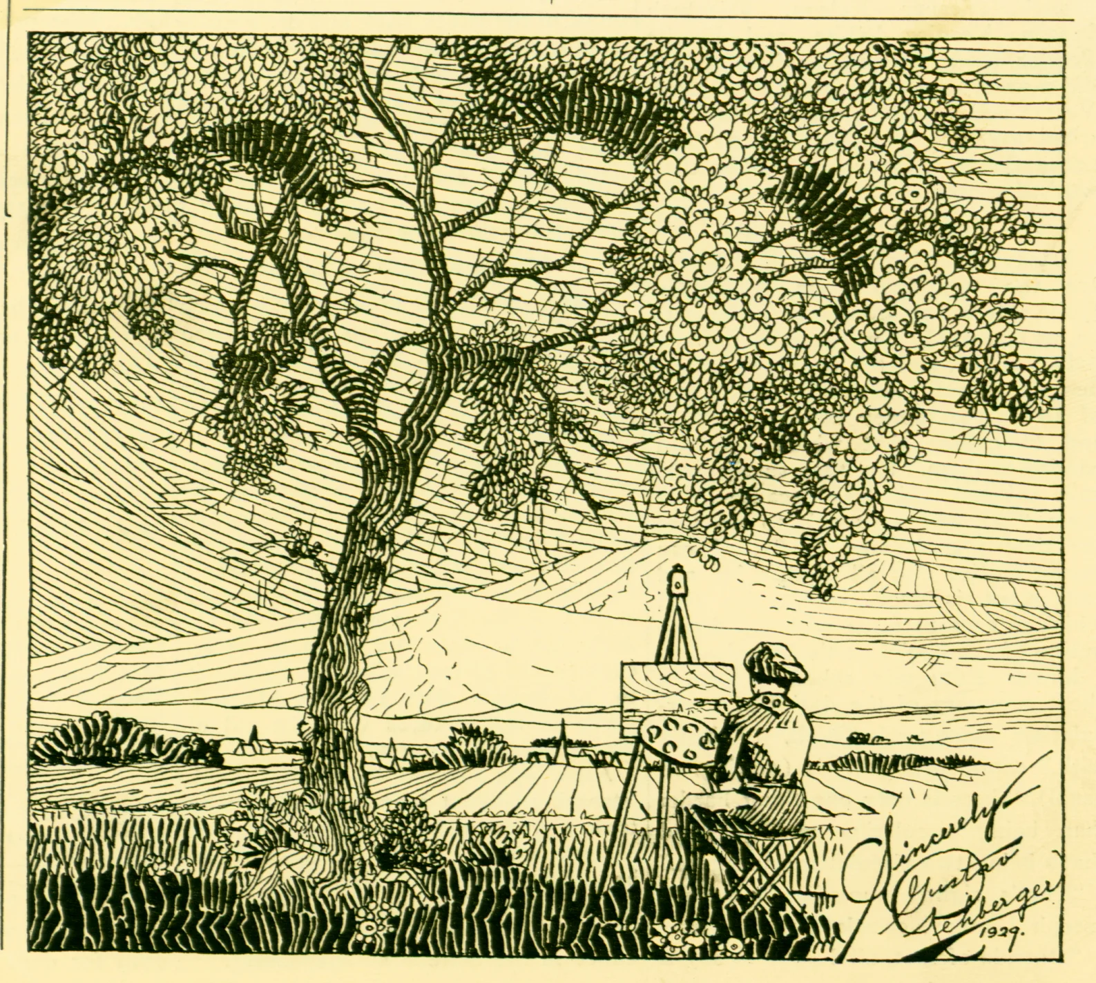 1929 - The Literary Dijest - Carl Schurz High School (Girl reading at base of tree, Pen & Ink, 7 x 6)