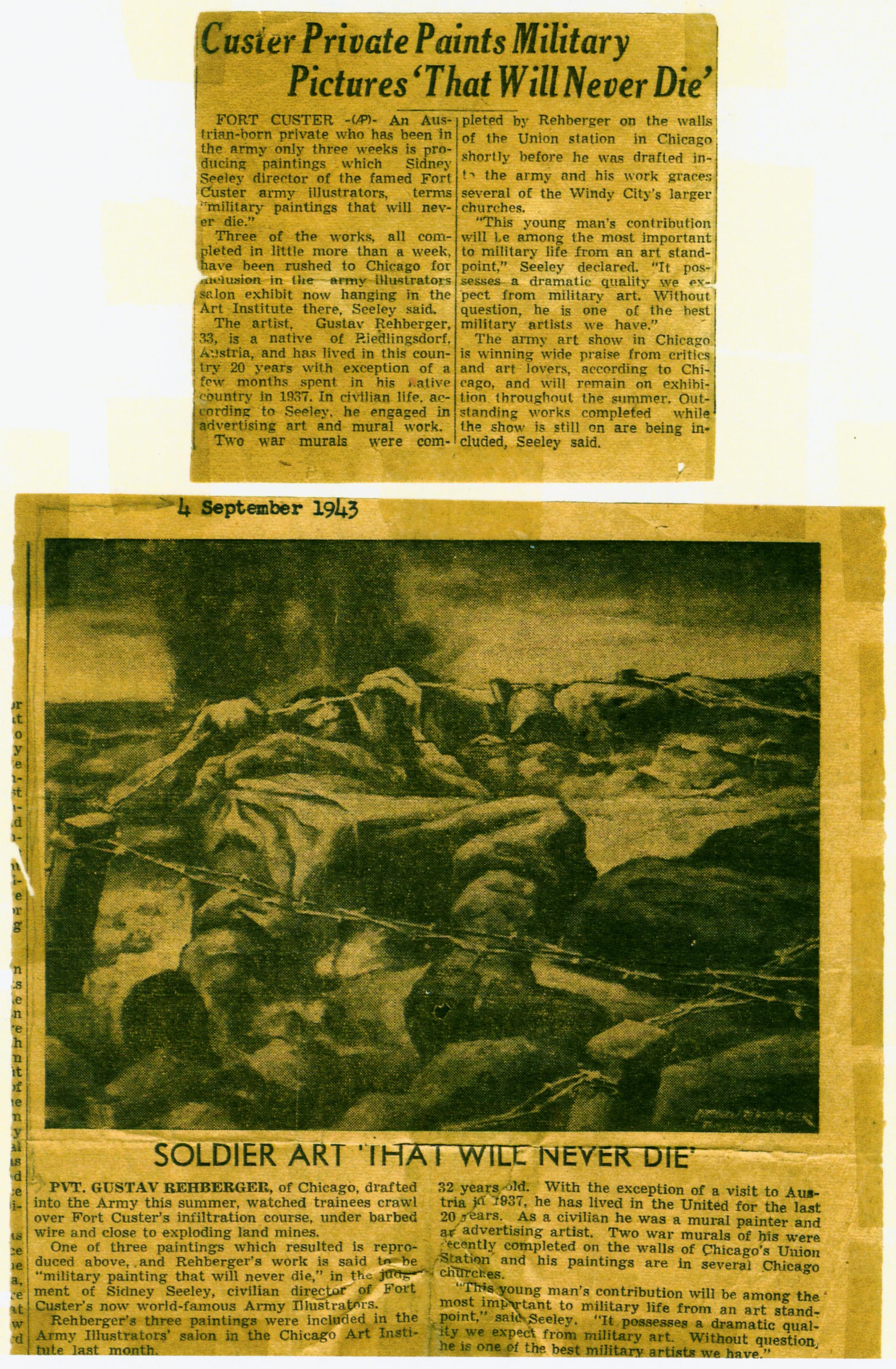 Helen Bower. "Soldier Art - That Will Never Die." Detroit Free Press, September. 4, 1943. Painting Titled, "Under the Wire" by Private Gustav Rehberger, Special Services Artist with the Fort Custer Illustrators.