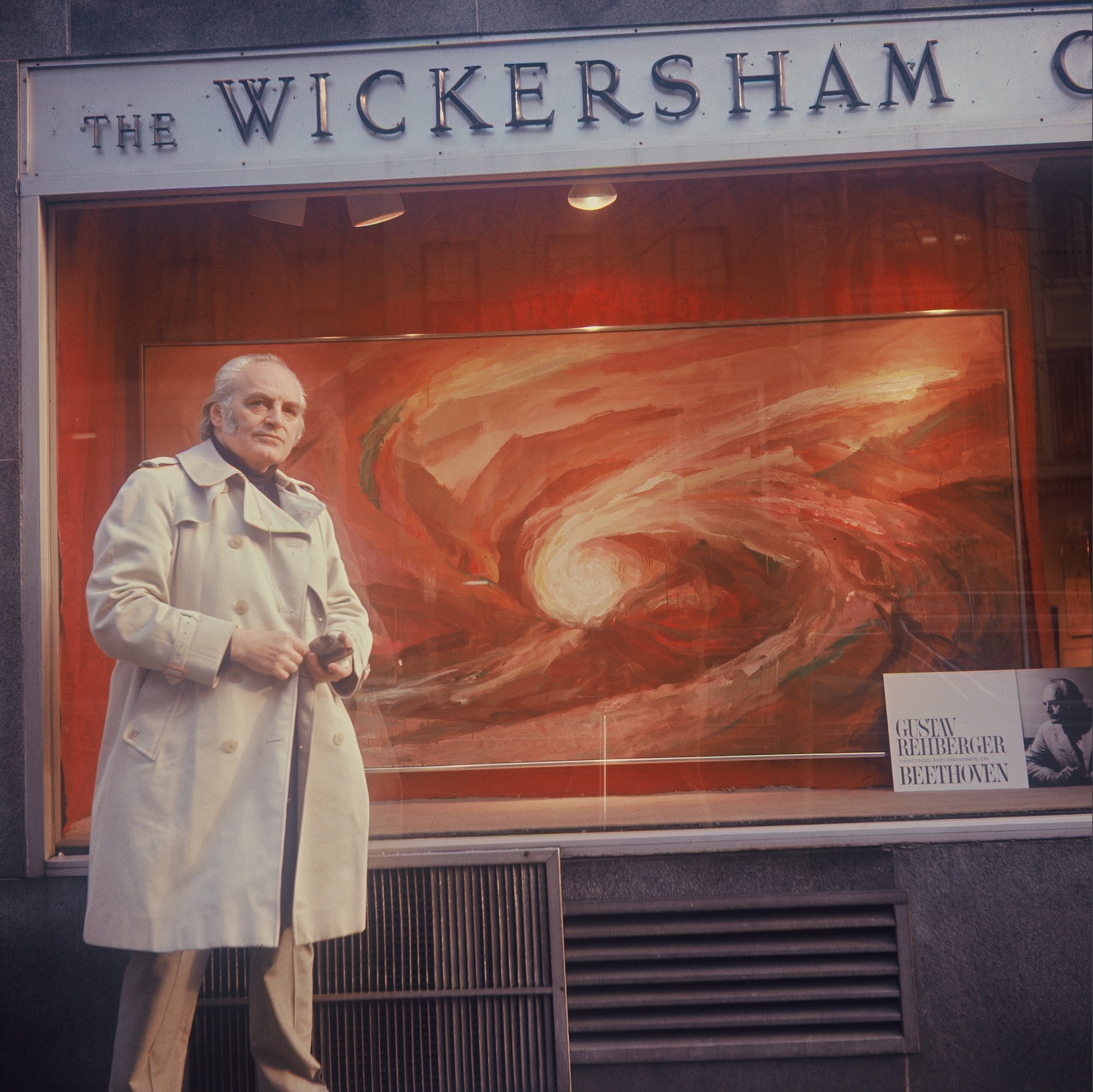 Rehberger in Front of Wickersham Gallery Showcasing "Envelopment" (Oil, 48 x 96 in) 