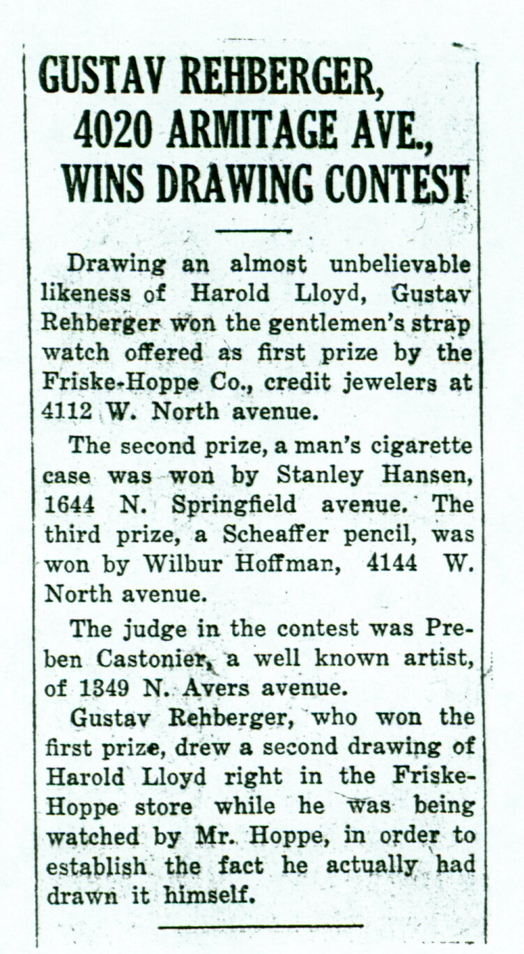 Rehberger  1926  Wins Drawing Contest  1926  Unknown newspaper clipping.JPG