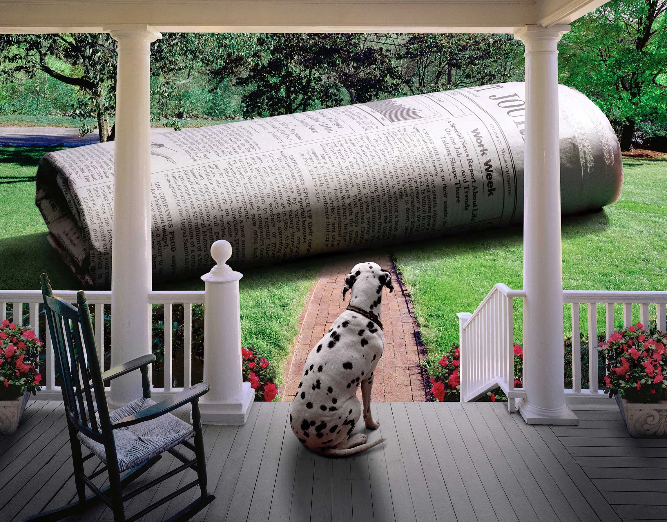 “Too Much Information" This was my first complex digital assignment. Photoshop didn’t even have layers yet. I was an “early adopter” of a program called Live Picture, which was very expensive and very amazing. Too bad it had a short life in the shadows of Adobe. The porch and front yard were two separate locations and it was autumn. The front lawn was covered with leaves, which we blew off, and the trees had brown leaves. So we shot the porch, went to the other location and shot the front yard. And the dalmatian, the newspaper, and all the flowers were shot in the studio. It was a huge success....everyone was happy. _________________________________________________________