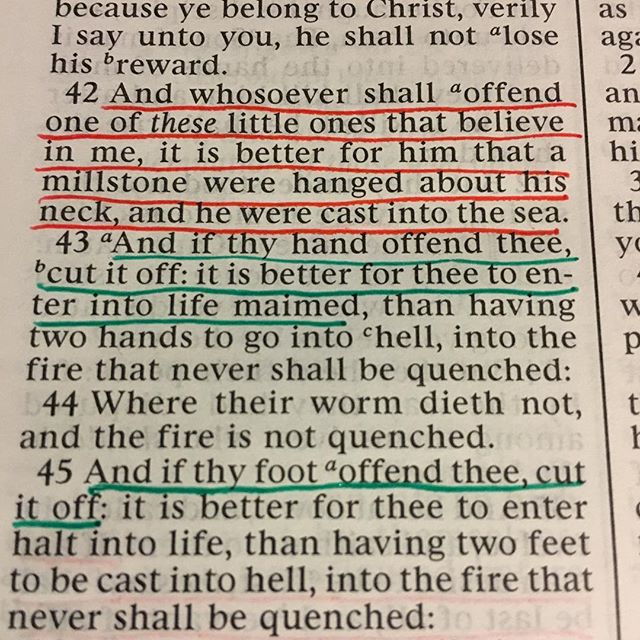 Mark 9:42-45 Got a character defect? &quot;Like our compulsive thinking, our defects grow progressively worse with time. It is useless to think of clinging to a defect and trying to keep it in check,&quot; S-Anon 12 Steps, page 63.