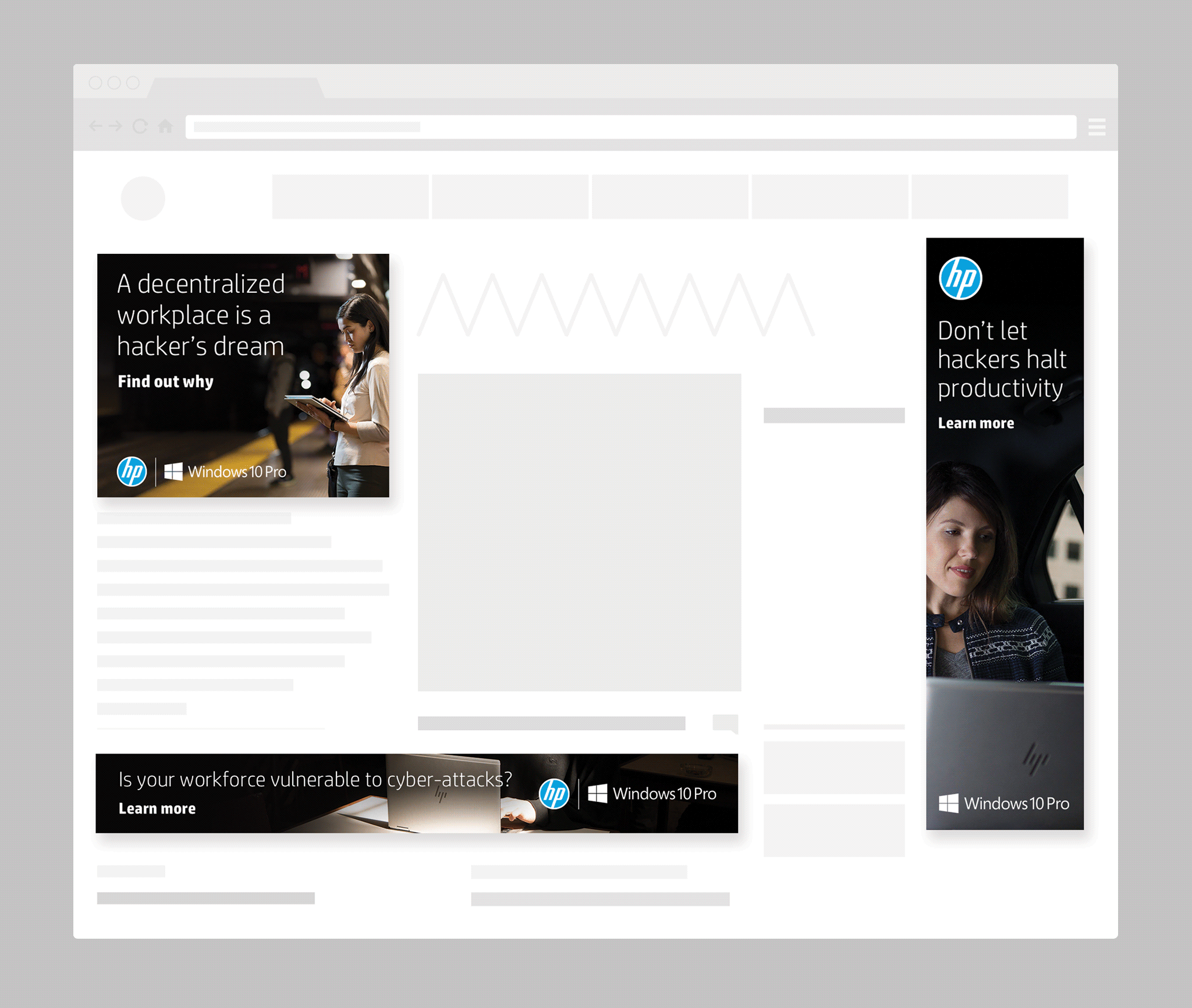 Web banners and social media adverts promoting HP security solutions.