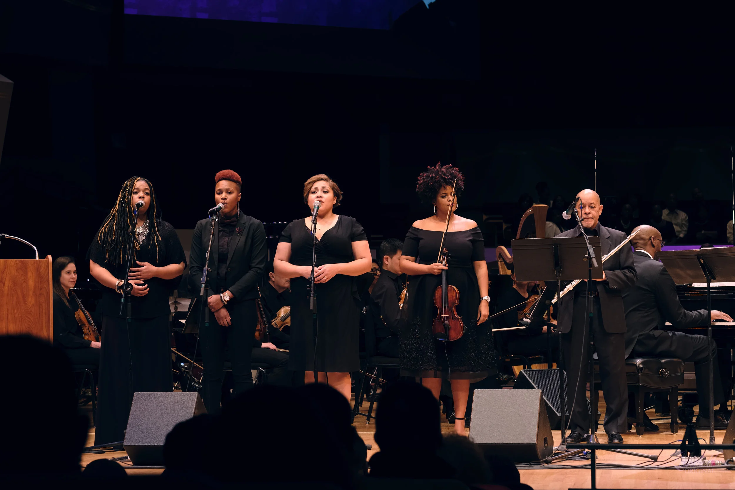 (from l to r): Brionne Wright , Kerrie Joy , Brittany Evans Williams , violinist Monique Brooks-Roberts , Flutist Michael A. Hancock , & Pianist Mike Chipman . (Pic: Ryan Landell )