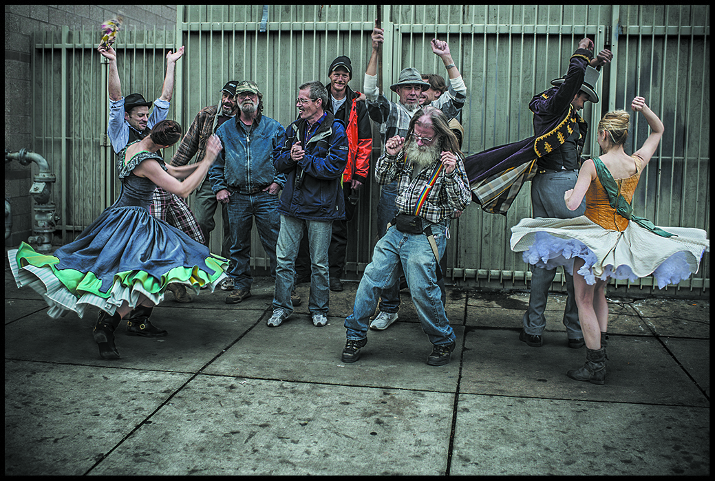 Members of the Wonderbound dance company gather with some of their homeless neighbors. Photo credit: Lena Prieto