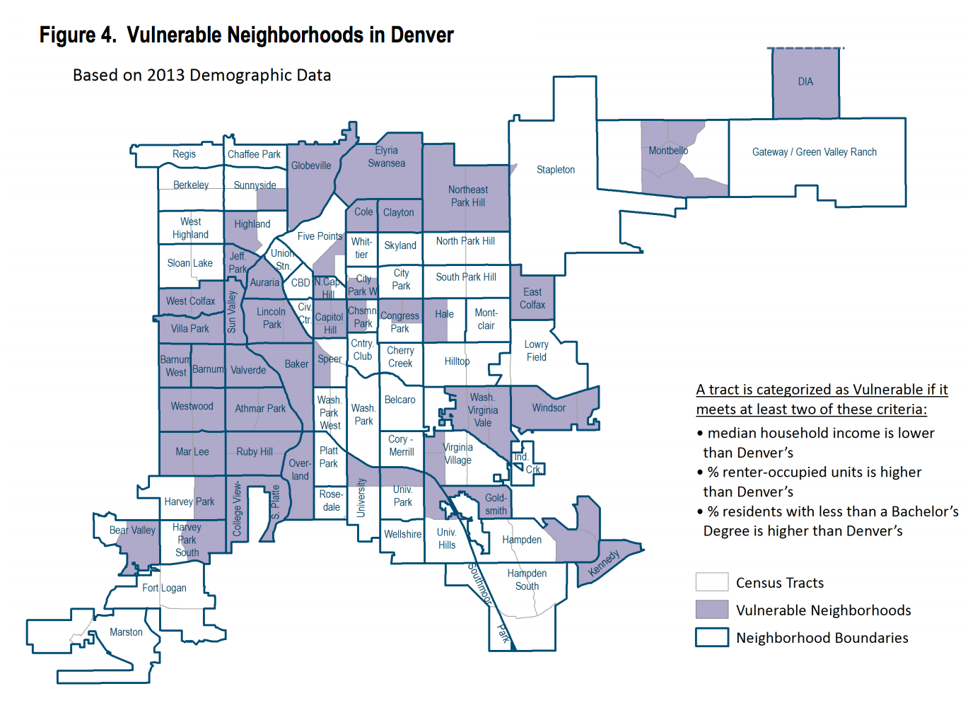 A map of Denver’s vulnerable neighborhoods in a gentrification study released by the Office of Economic Development in 2016. The report was considered in the drafting of the five-year affordable housing plan. Credit: Gentrification Study: “Mitigating Involuntary Displacement”