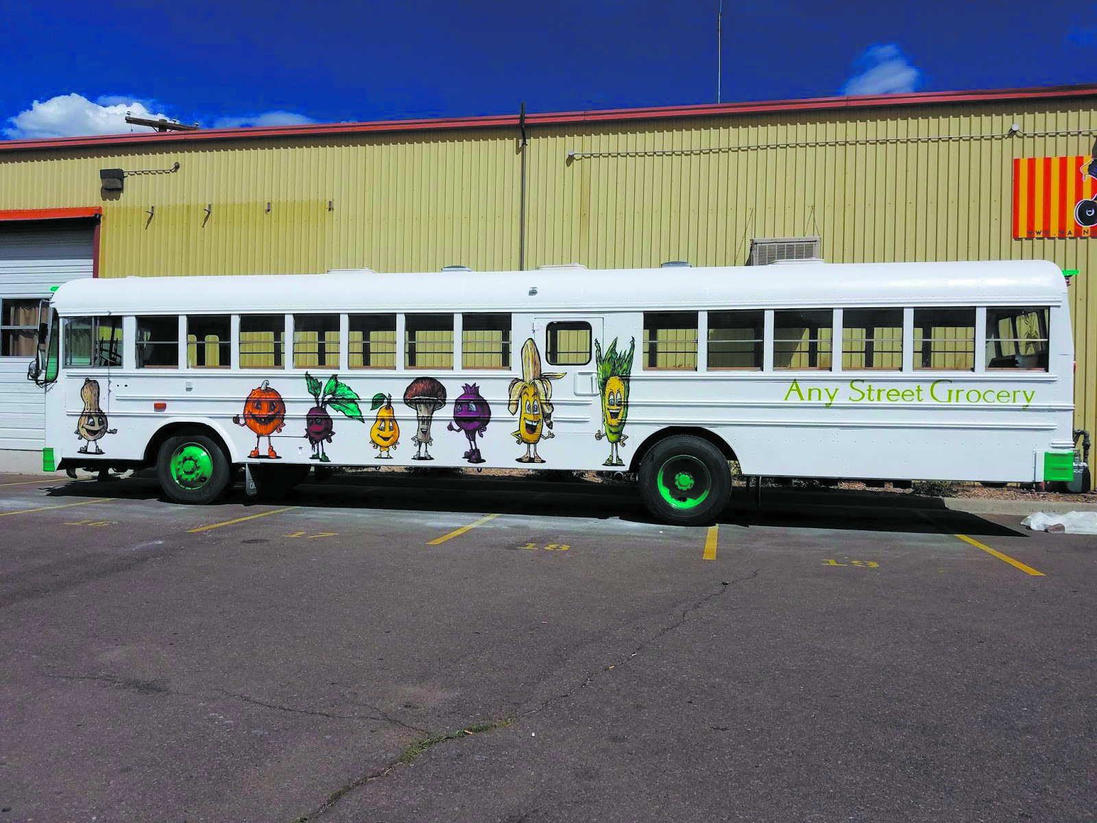 Any Street Grocery operates out of a re-painted school bus, allowing them to travel to different neighborhoods throughout the Denver metro area. (Credit: Any Street Grocery)