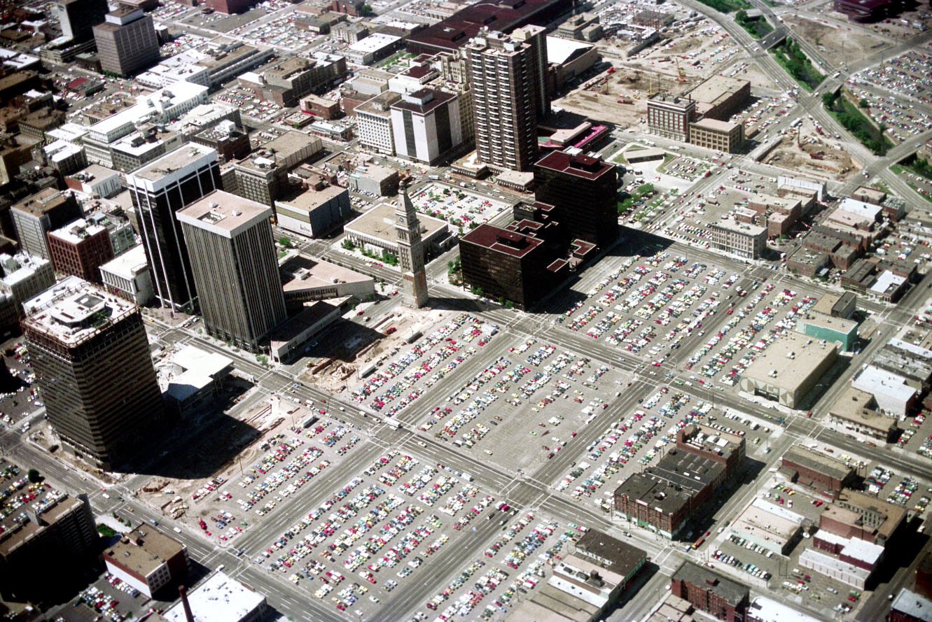 An aerial view of downtown Denver in 1976 shows much of the city had been developed as parking lot space. (Credit: Jack De Wolf)