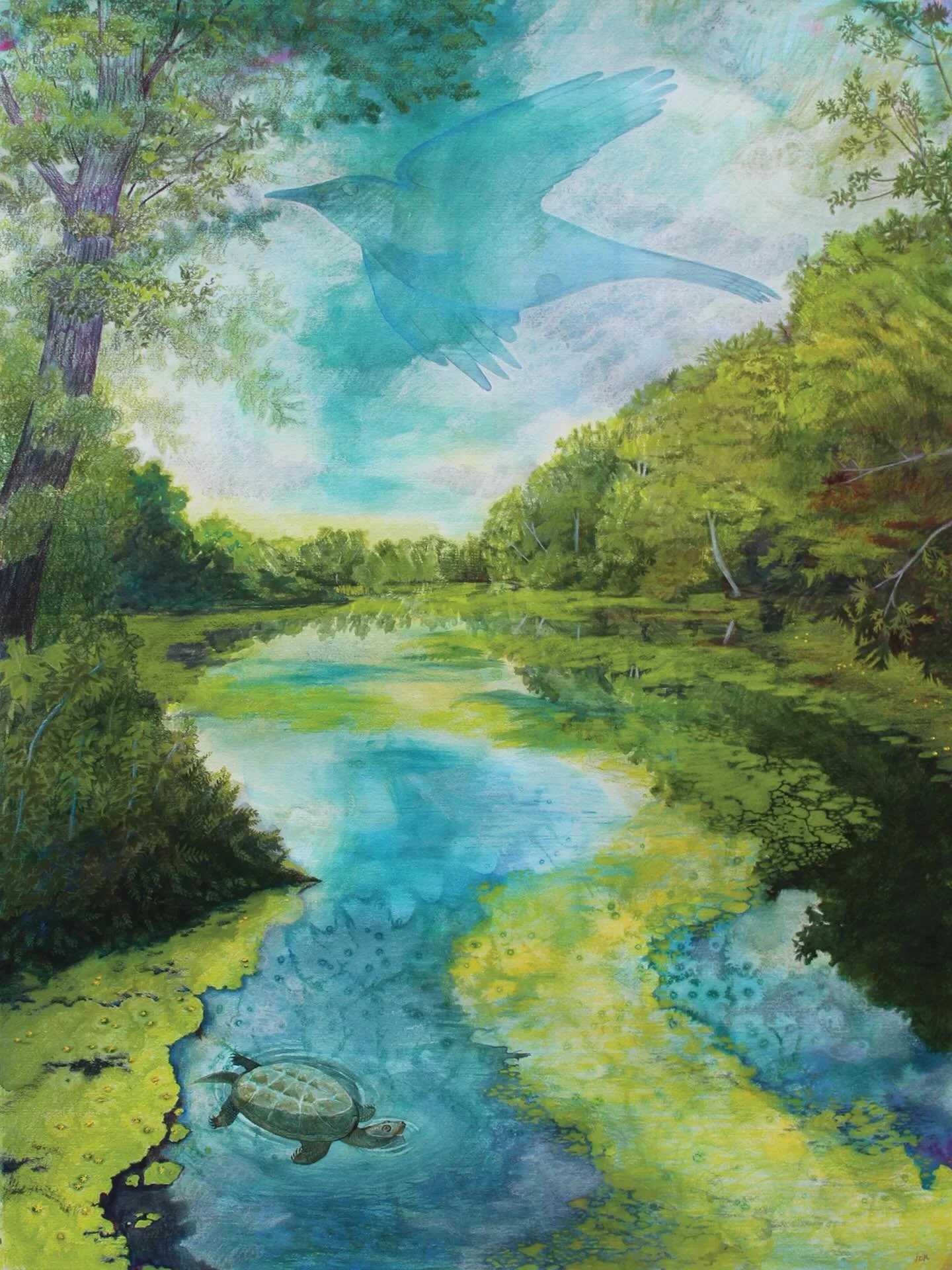 Happy to share my latest work, Eastern Meadowlark over Scarboro Pond 🐢

This 18x24&rdquo; mixed media illustration is the 4th in an unfolding body of work that uses the bird as a visual metaphor for my own experiences with belonging and sense of pla