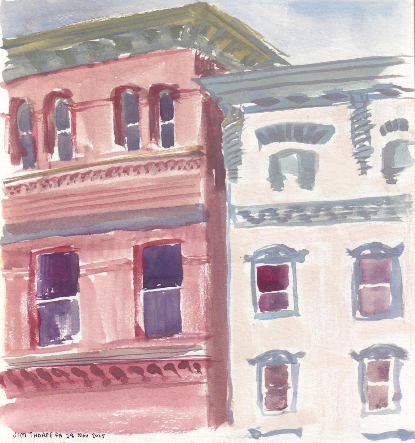 Just a couple more from my travels while on residency at @bischoffinn 🚂 I took a scenic train ride to a nearby town that was v cute! It was about 20 degrees and starting to snow while I painted this en plein air. Trying out different color combos wi