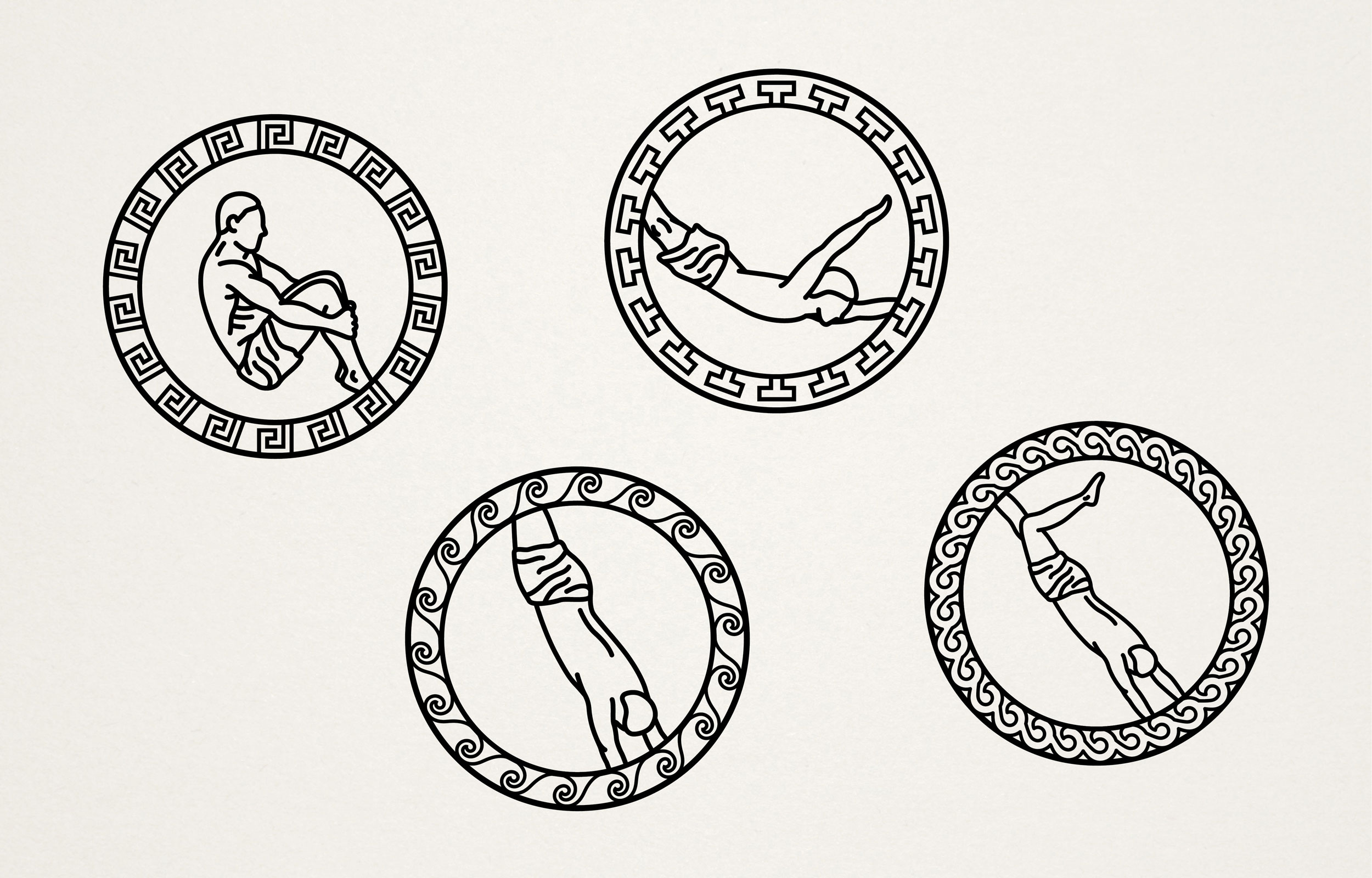 In greek mythology, Butes was an Argonaut. He was the only one who was unable to resist the charm of the Sirens’ singing. He jumped off the boat to follow it, without thinking about the possible deadly consequences. In the end he was saved by Aphrodite and became her lover. These are other versions of the logo which, in the end, were not chosen. The main idea was to have a jumping Butes and some decorations inspired by the ancient greek ones.
