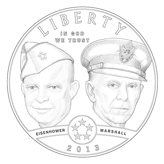  Coin design and illustration for sculpt, 2013. The Silver Commemorative for the 3-coin 5-Star Generals Series was to feature Dwight D. Eisenhower and George C. Marshall, and its reverse to represent the European theater of WWII. Eisenhower was a fai