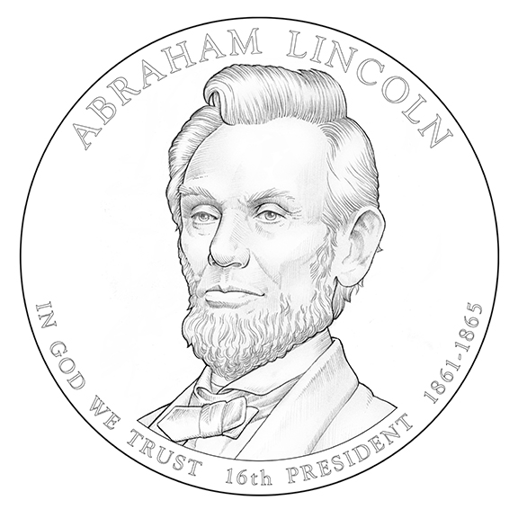  Coin design and illustration for sculpt, 2009. It was an honor to work on Abraham Lincoln’s portrait for the dollar coin, and it helped that more photographic reference of him was available than for any other 19th century president. Not used. 