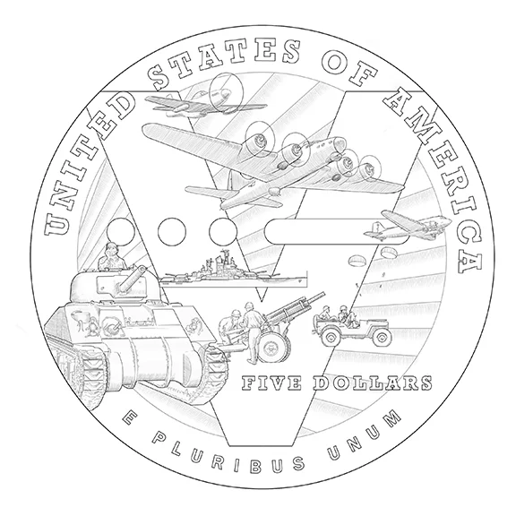  This, my first reverse design, was considered “too busy,” though this is a large coin, the size of a half-dollar, and I still feel it would have accommodated all the elements included my original design. Included is a P-51 “Mustang” fighter, a B-17 