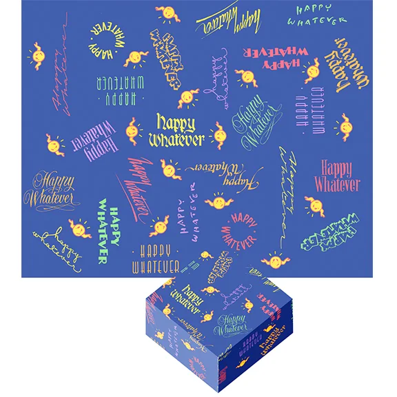  This rough for "Happy Whatever" was painted in gouache in several different styles of lettering, along with a shrugging smiley face. The idea was that people would always keep some sheets of Happy Whatever around for those times when they needed a g