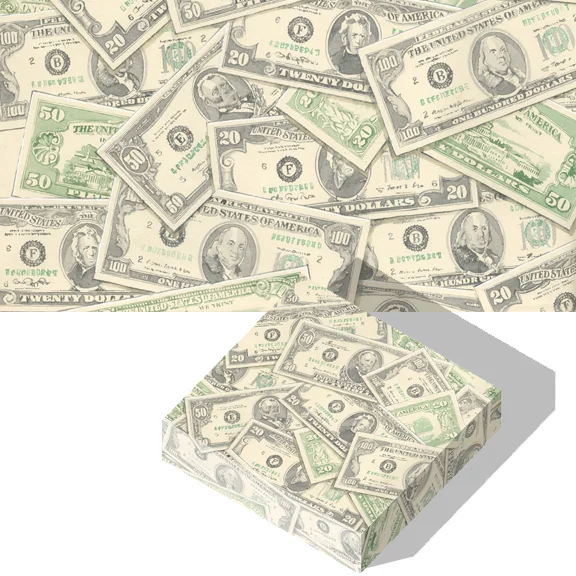  This mass of US banknotes was painted in watercolor (just before some of the currency designs were changed), with the intent of making any gift, no matter how paltry, look like a million dollars. I could not get any of the giftwrap manufacturers int