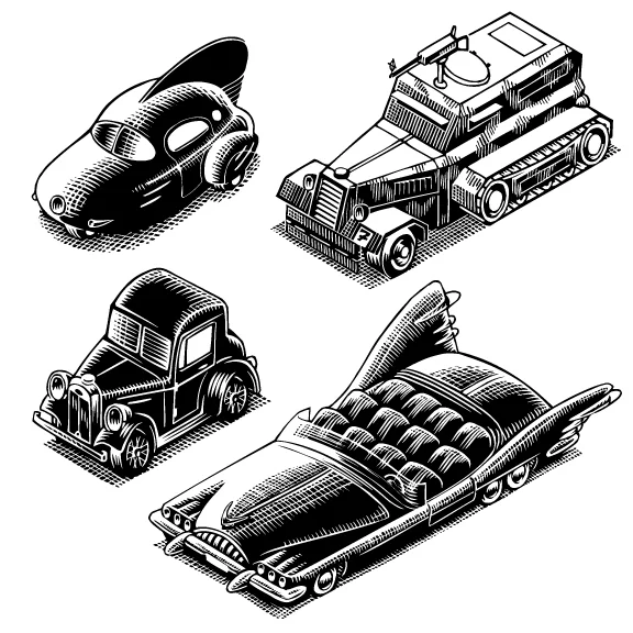 The book I planned to write and illustrate after “The Office Manual” (1993), “The Cat Manual” (1995), was “The Driver’s Manual” (1996). These illustrations were of supposedly important cars throughout history, the Hupmobile Zeppelin, the Heinkel-Benz Ausgefahrtsfuhrermeisterhofbrau, the Morris Mole, and the Cadillac Chesterfield. Scratchboard. Unpublished.