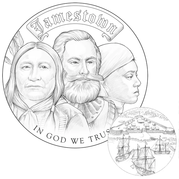  My contract with the Mint expired at the end of 2009, but early in 2010 I was invited to apply again, and I submitted the design for an imaginary Jamestown coin. This shows the meeting of three cultures — the Native American, European, and African. 