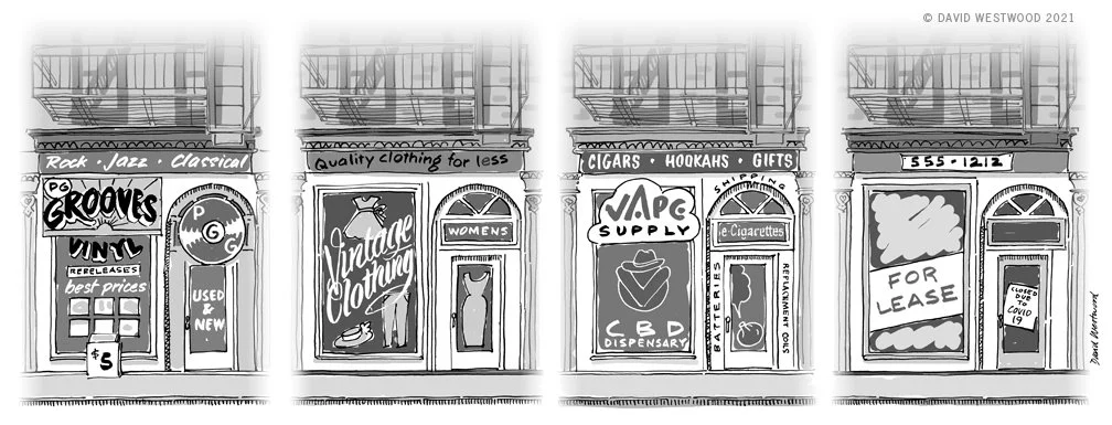 Vinyl, Vintage, Vape, and Vacant