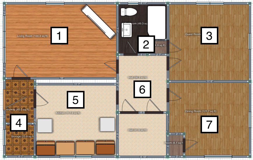 1. Living Room // 2. Full Bath // 3. Bedroom #1 -> Guest Room // 4. Entryway // 5. Kitchen // 6. Hallway // 7. Bedroom #2 -> Dining Room