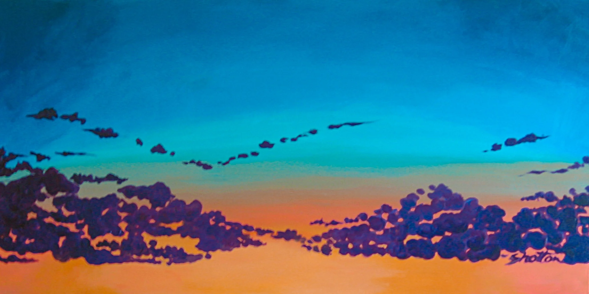 PURPLE POPCORN SKY.... on my way home the color and cloud formation just made me happy.. so I came home and started painting. 48 x 24 $ 880.