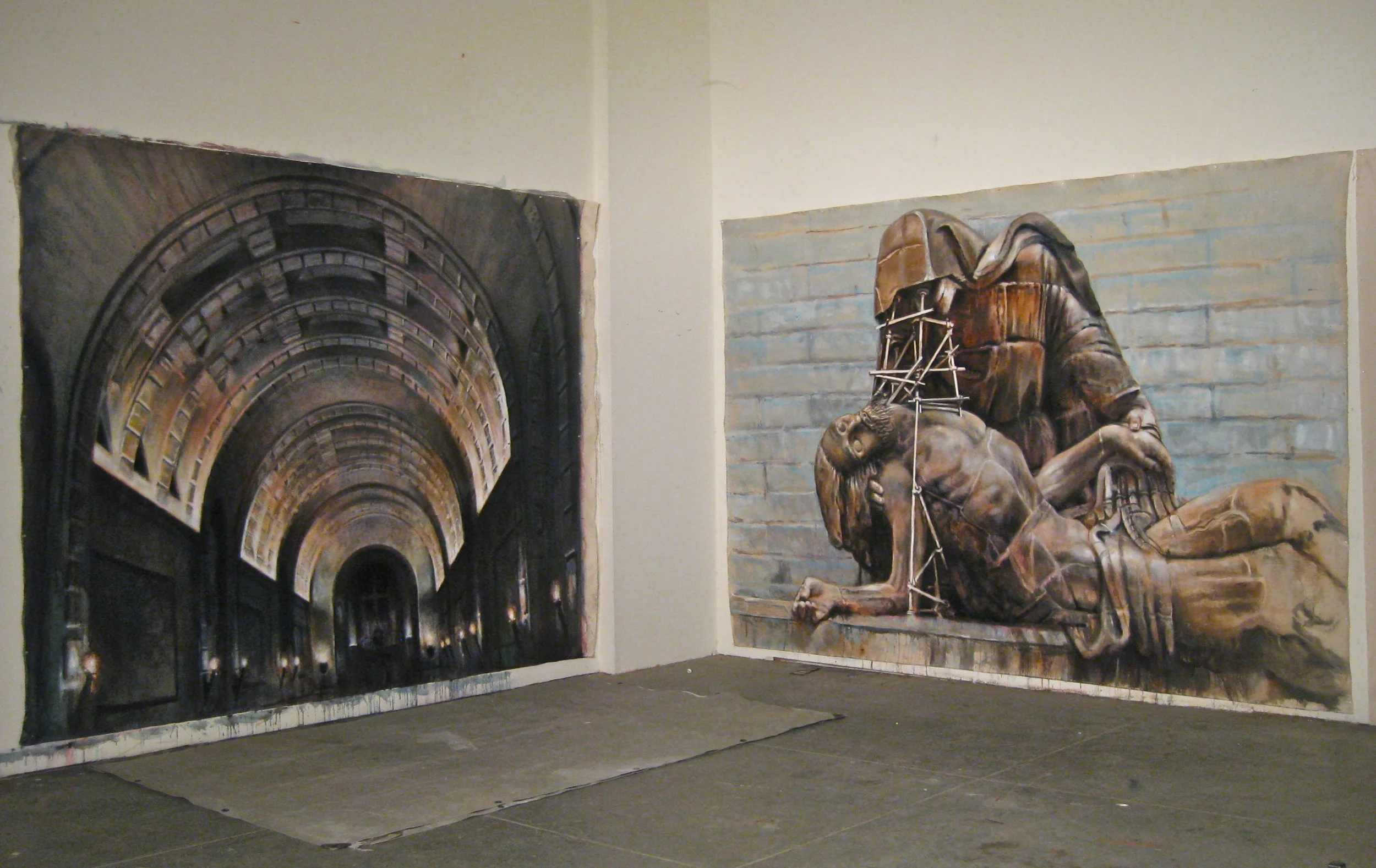  "Mural Paintings 2&amp;3 from In the Valle de Los Caidos",&nbsp;2010  mixed media on polyflex  Studio view, Tucson, AZ  Exhibited at Primary Projects, Miami, FL&nbsp; 