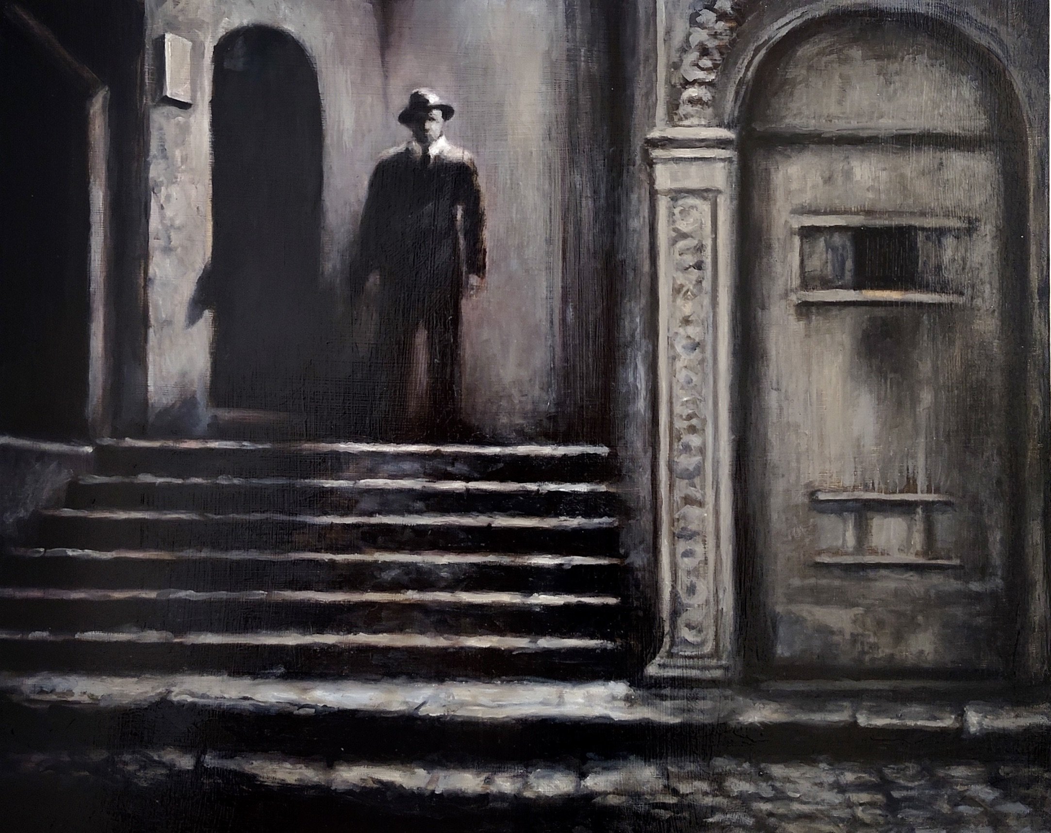 "Film Noir (Colonial)/Image 1/Scene2", 2025, oil on panel, 16" x 20"