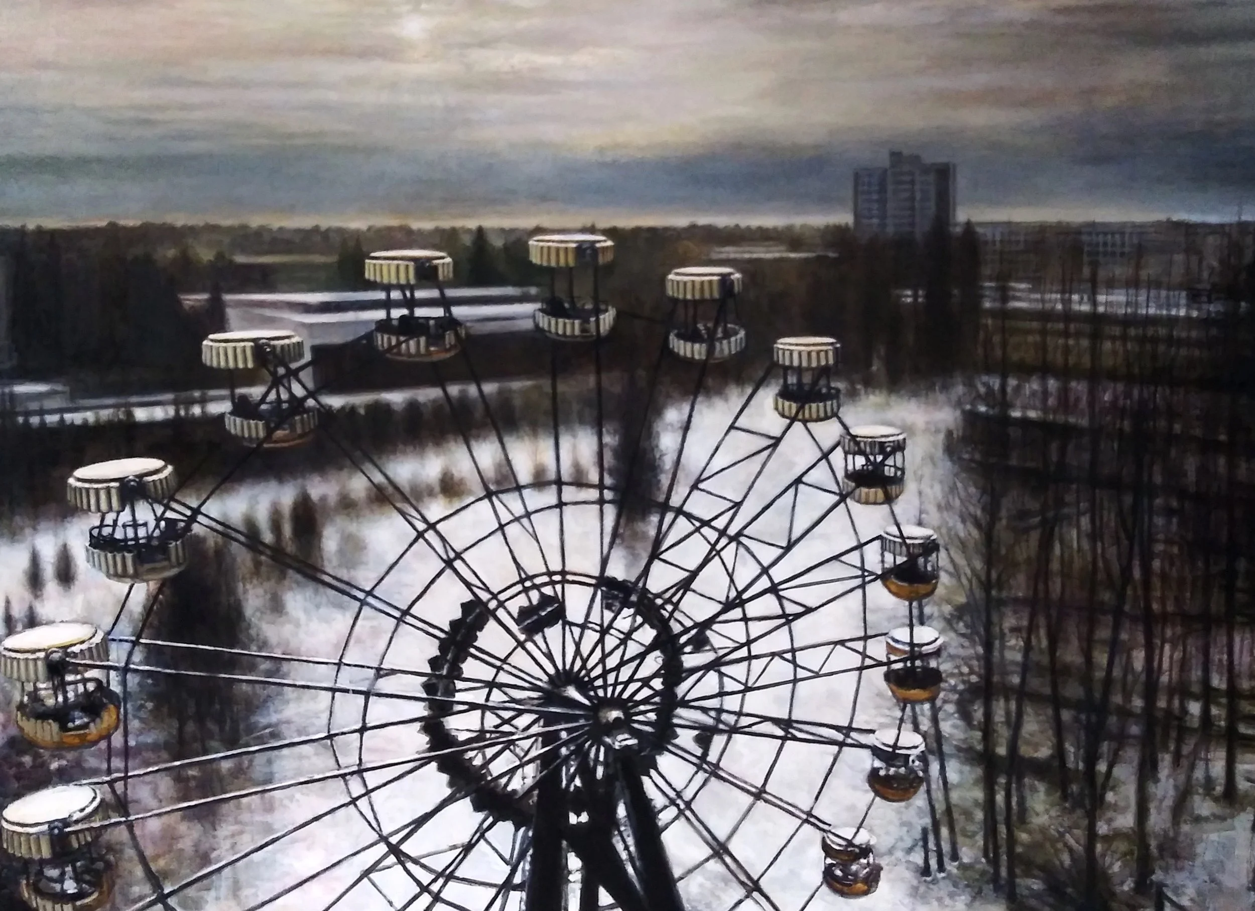 "Pripyat, near Chernobyl (Ferris Wheel), 2023", 2024, oil on canvas, 72” x 96” Most people who visit Chernobyl's Exclusion Zone are interested in seeing the deserted city of Pripyat, a place full of decay. The Ukrainian government is incr