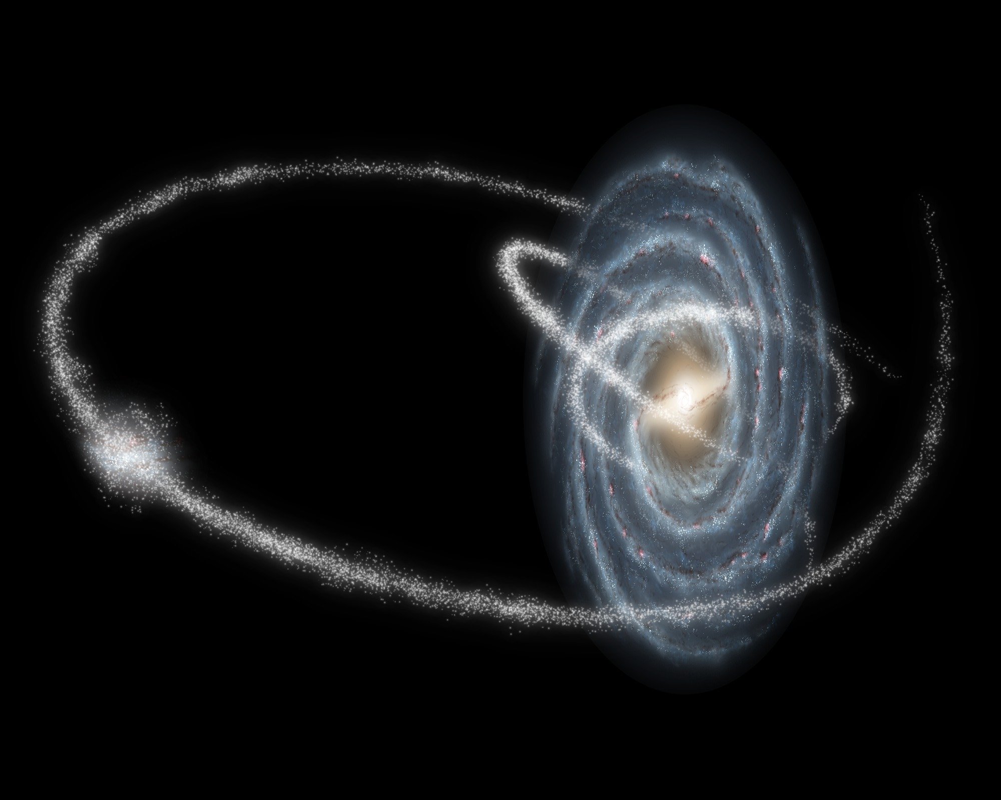  Dark matter can affect the observable properties of small dwarf galaxies that are colliding with the Milky Way.   [Credit: NASA/JPL-Caltech/R. Hurt (SSC/Caltech)] 