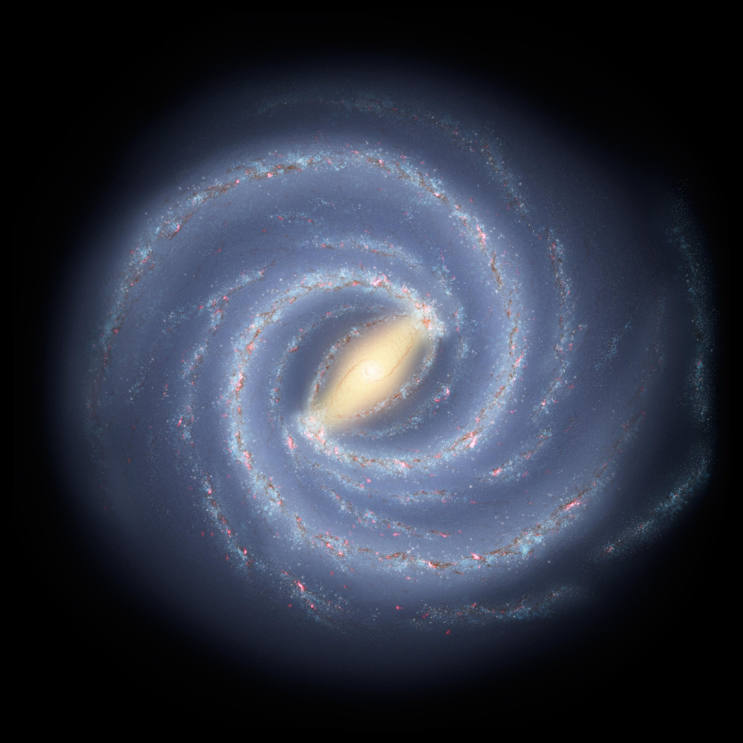  The fact that galaxies rotate faster than expected is a strong indicator that we only see a small fraction of all the matter that exists—the additional mass comes from “dark matter.’’    [Credit: NASA/JPL-Caltech] 
