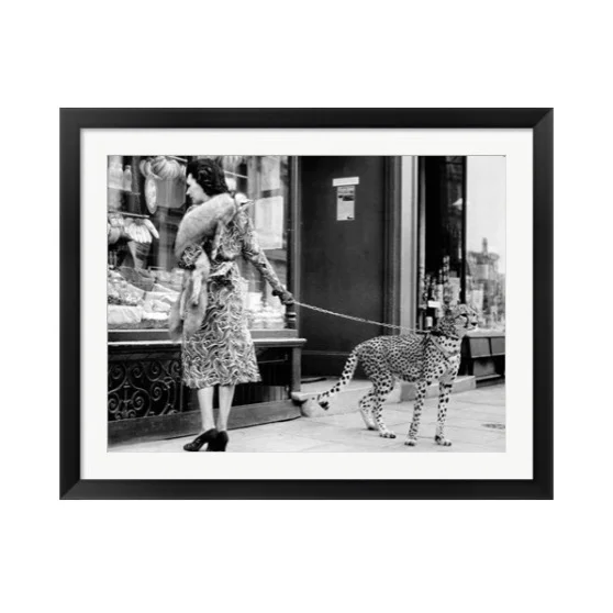 Black and White Vogue Cheetah on Leash Shopping Framed Art Print