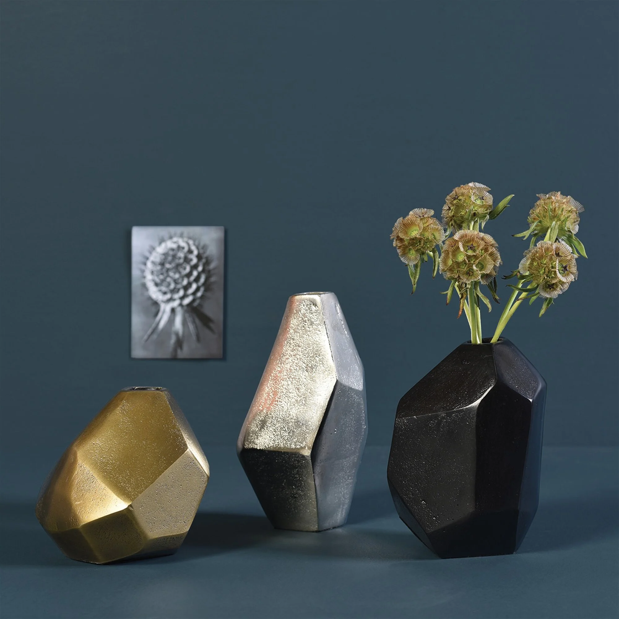 cast metal faceted vase trio bud vase