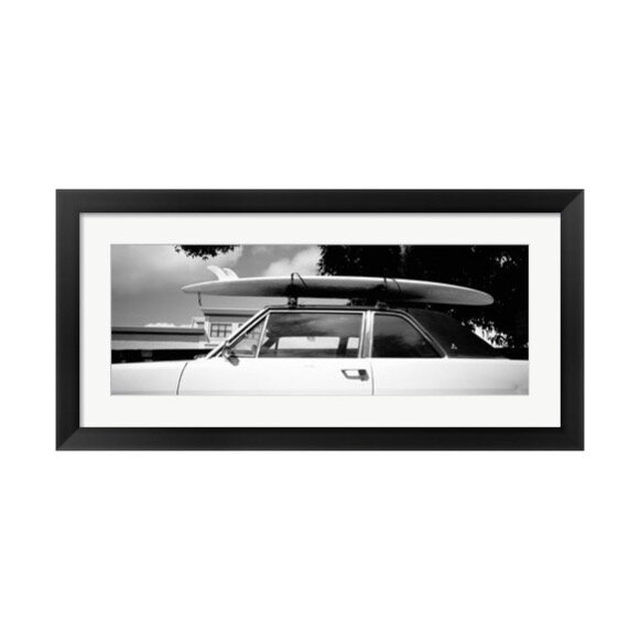 Black and White California Surfboard Vintage Car Framed Print