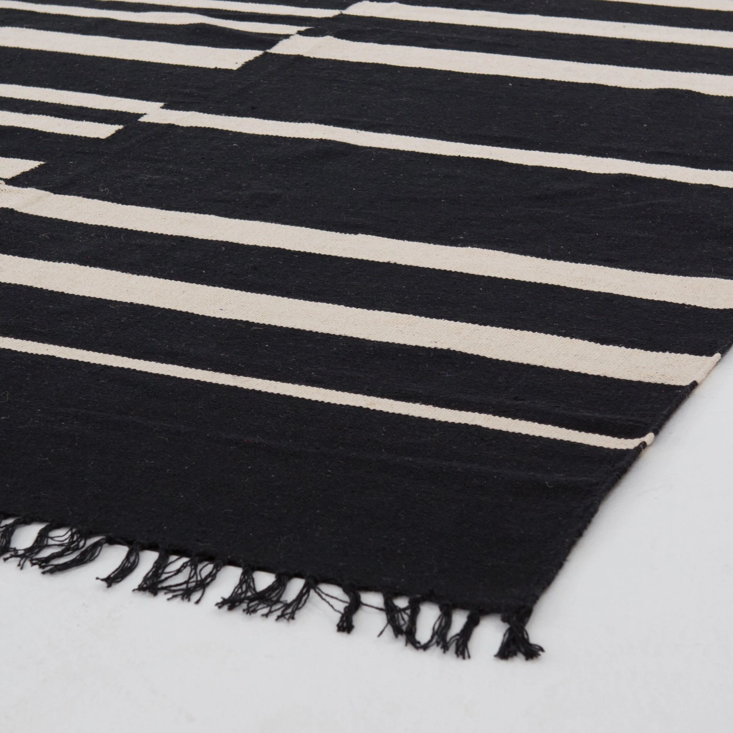 Offset Black and Ivory Stripe Textured Cotton Modern Area Rug